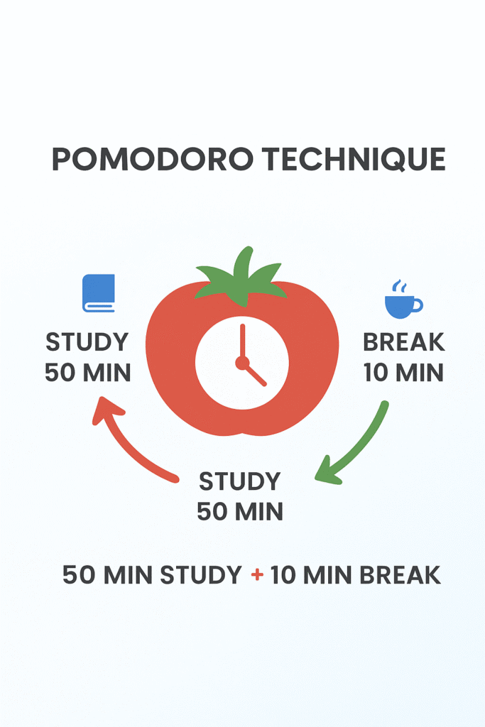 Pomodoro technique illustration showing study and break intervals for students.