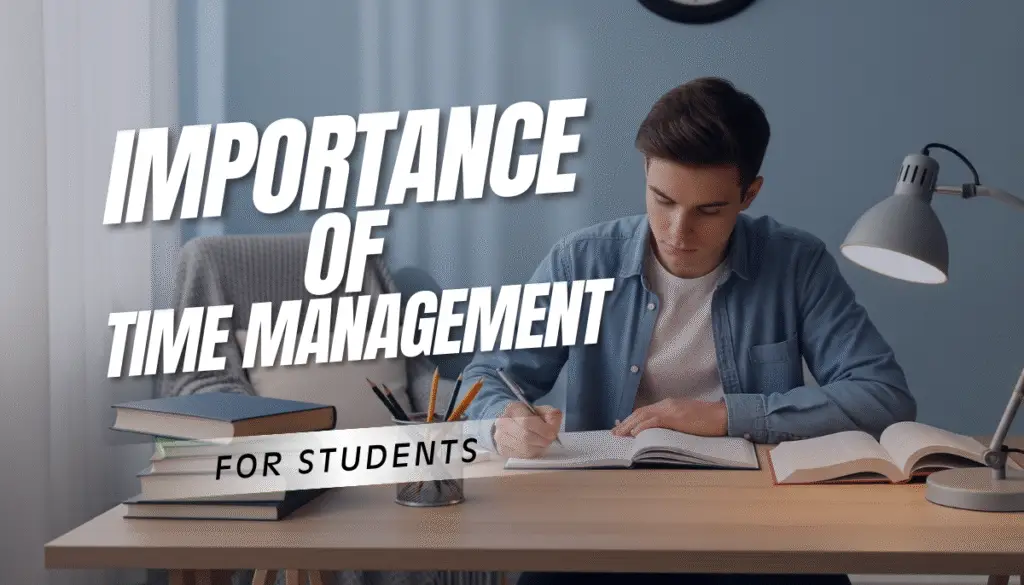 Student studying with books and clock, representing time management for students.