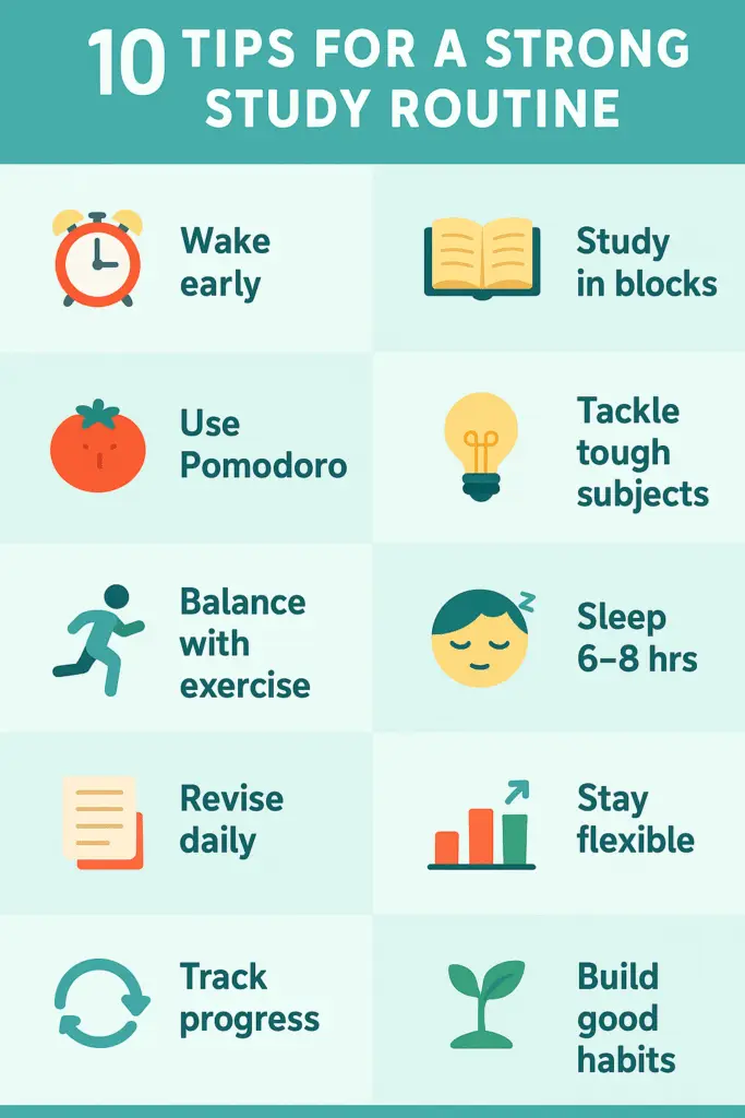 Infographic with 10 study tips for students – wake early, study in blocks, Pomodoro, exercise, revision, good habits