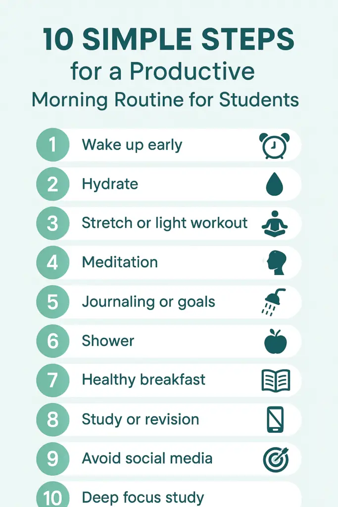 10 steps for a productive student morning routine infographic.