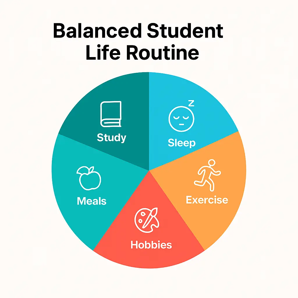 Balanced student life pie chart – segments for study, sleep, exercise, hobbies, meals, social life