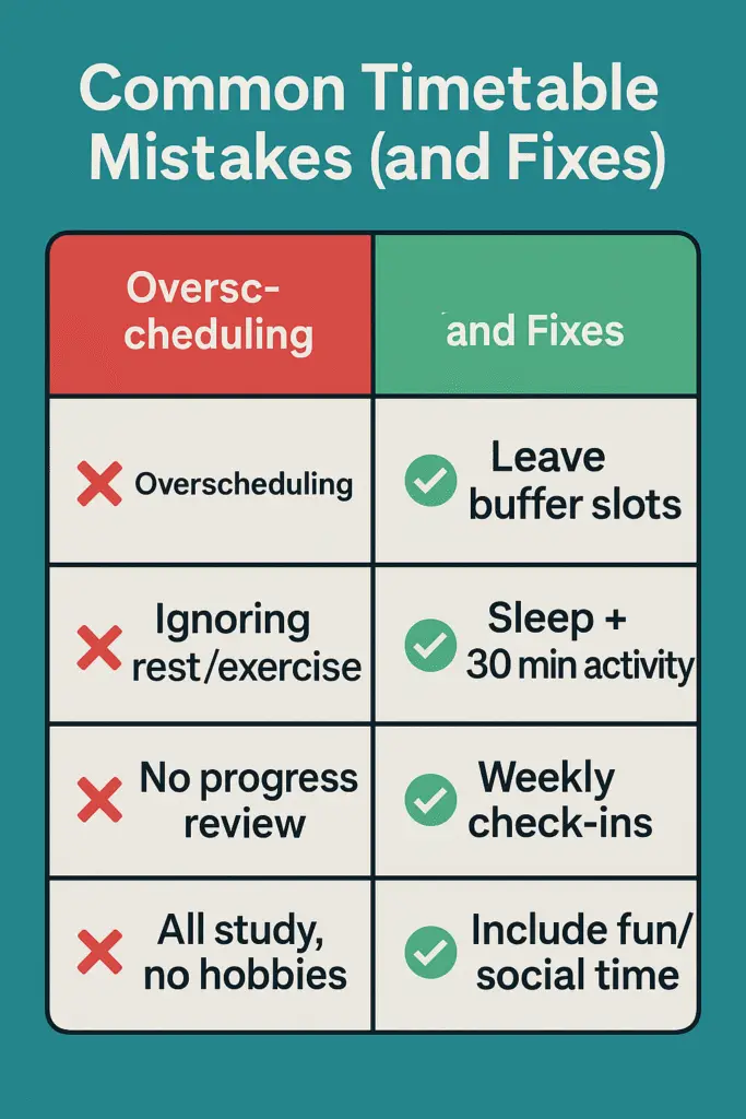 Infographic of common timetable mistakes and fixes – overscheduling, no rest, no hobbies, with solutions like balance and weekly check-ins