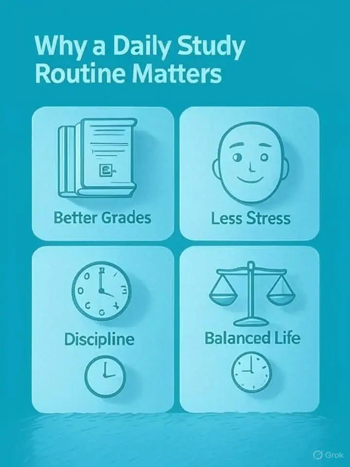 Infographic showing benefits of a daily study routine – better grades, less stress, discipline, balanced life