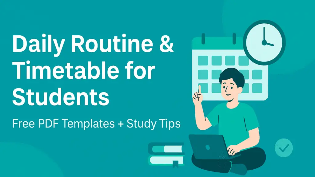 Daily routine and timetable for students – free PDF templates and study tips with books, laptop, and calendar illustration
