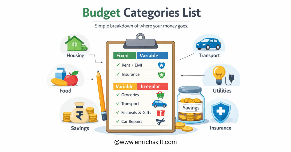 Budget categories list showing fixed, variable, and irregular expense categories with examples