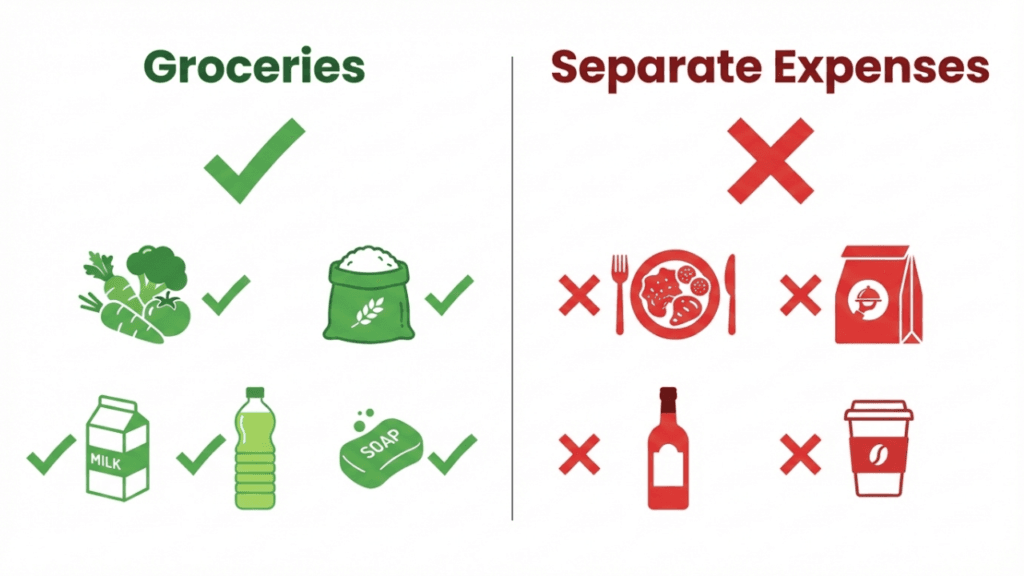What counts as groceries in a budget including vegetables, rice, milk versus restaurants and food delivery